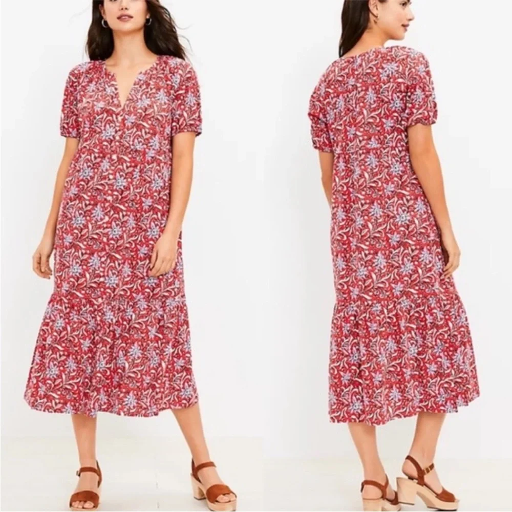 LOFT Red & Pink Floral Button Front Short Sleeve Ruffle Hem Midi Dress XS Petite - Picture 1 of 5